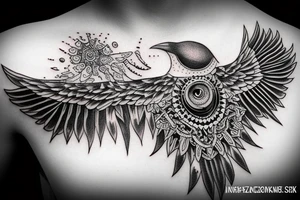 Flying crow with eyes on the wings sketch tattoo idea