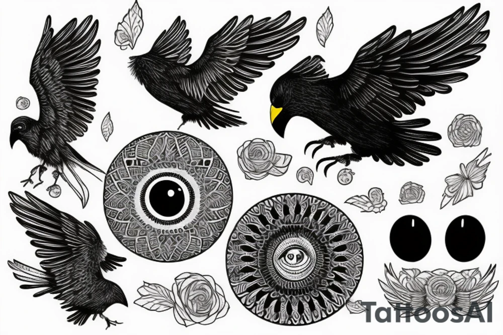 Flying crow with eyes on the wings sketch tattoo idea