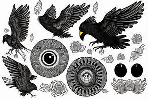 Flying crow with eyes on the wings sketch tattoo idea