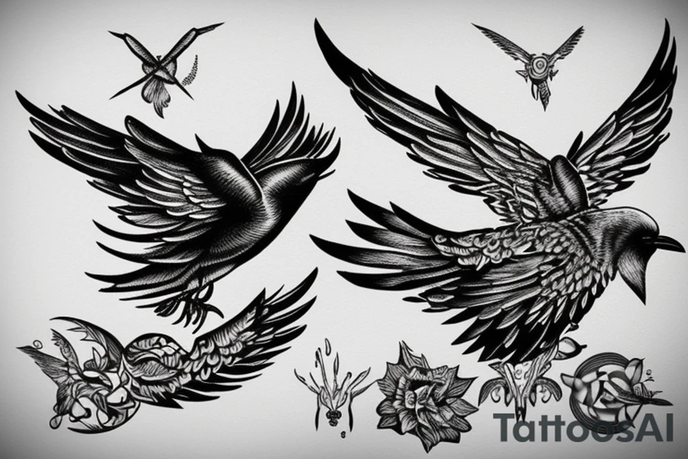 Flying crow with eyes on the wings sketch tattoo idea