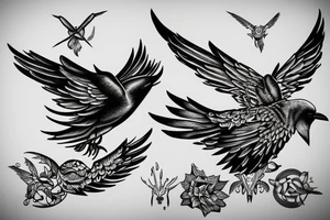 Flying crow with eyes on the wings sketch tattoo idea