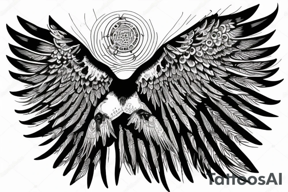 Flying crow with eyes on the wings sketch tattoo idea