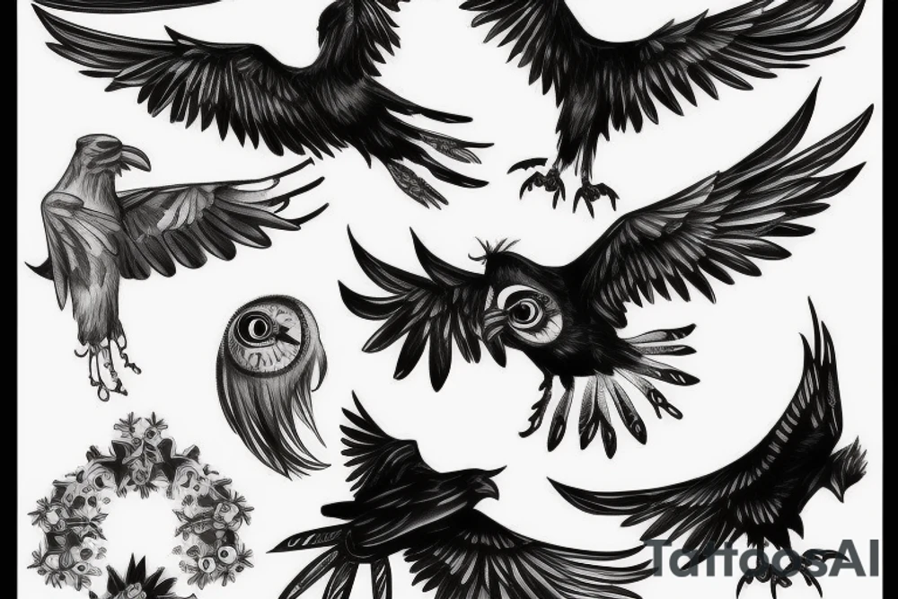 Flying crow with eyes on the wings sketch tattoo idea