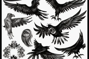 Flying crow with eyes on the wings sketch tattoo idea