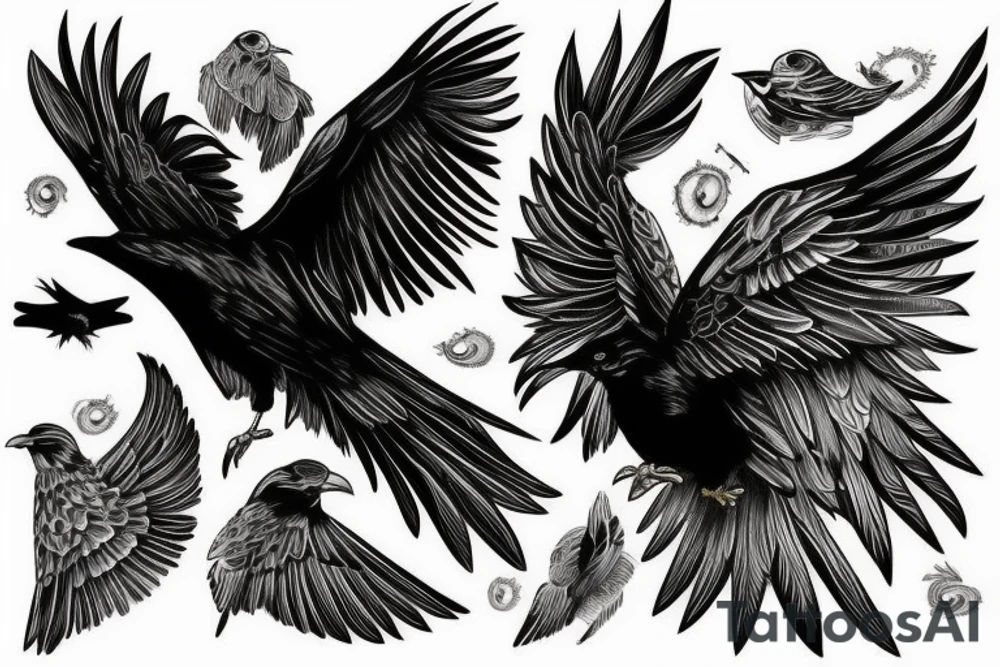 Flying crow with eyes on the wings sketch tattoo idea