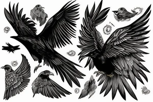 Flying crow with eyes on the wings sketch tattoo idea
