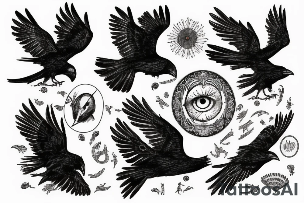 Flying crow with eyes on the wings sketch tattoo idea