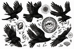Flying crow with eyes on the wings sketch tattoo idea