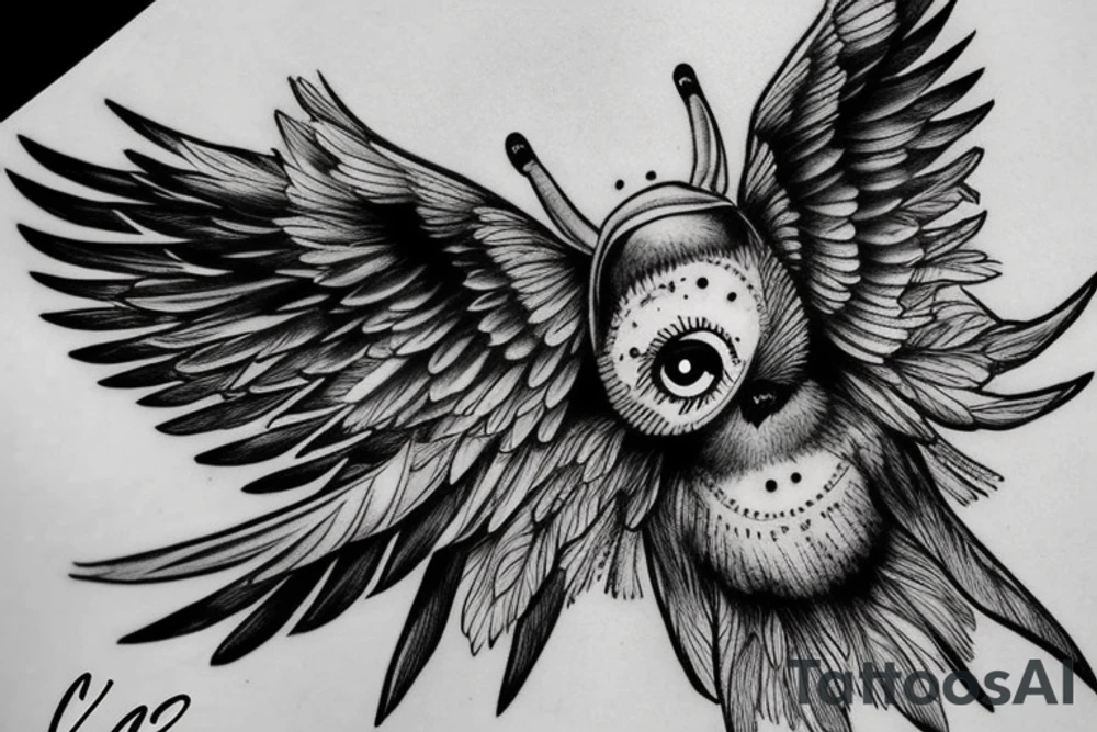 Flying crow with eyes on the wings sketch tattoo idea
