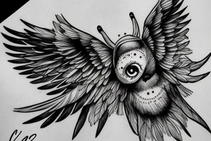 Flying crow with eyes on the wings sketch tattoo idea