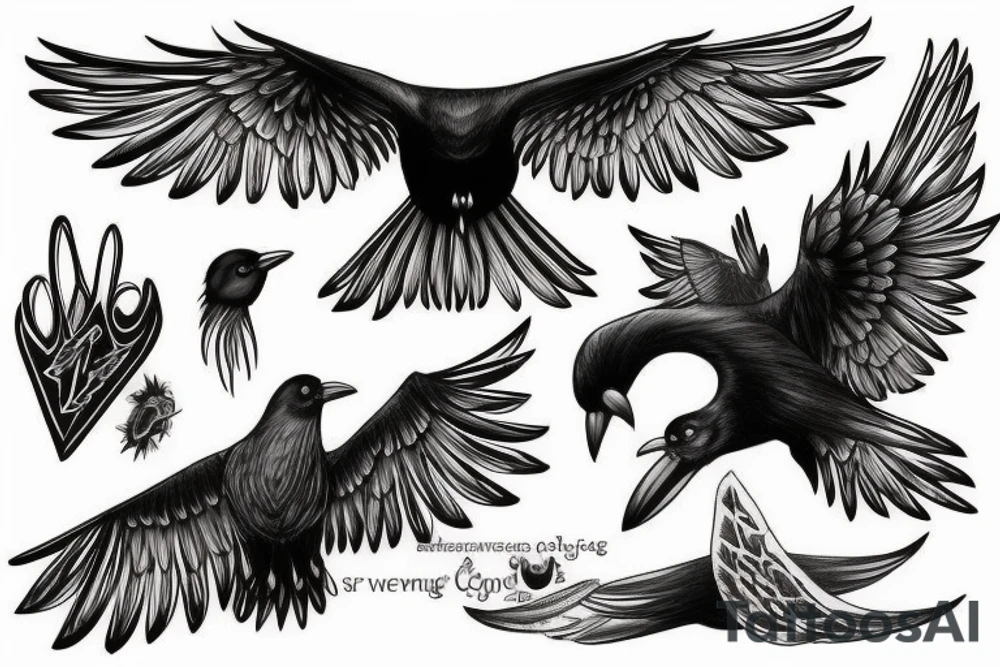 Flying crow with eyes on the wings sketch style tattoo tattoo idea