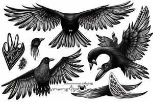 Flying crow with eyes on the wings sketch style tattoo tattoo idea