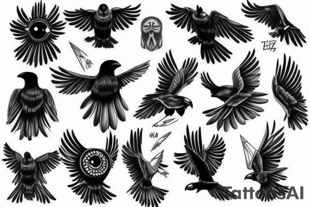 Flying crow with eyes on the wings sketch style tattoo tattoo idea