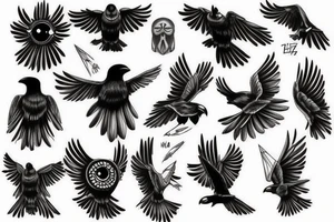 Flying crow with eyes on the wings sketch style tattoo tattoo idea