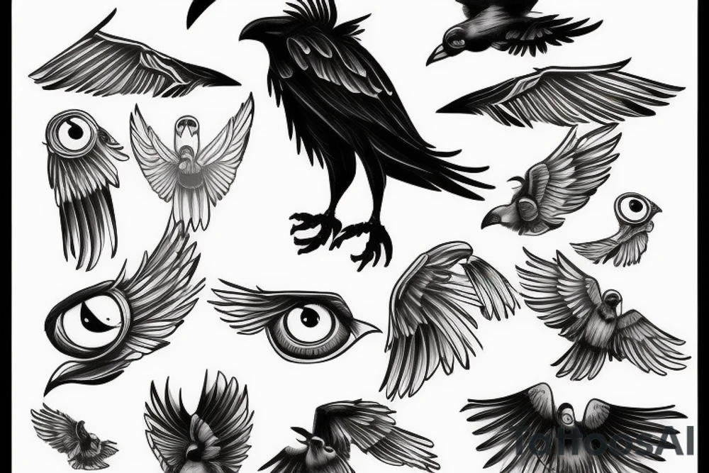 Flying crow with eyes on the wings sketch style tattoo tattoo idea