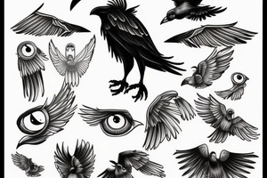 Flying crow with eyes on the wings sketch style tattoo tattoo idea
