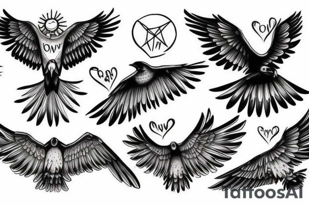 Flying crow with eyes on the wings sketch style tattoo tattoo idea