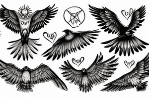 Flying crow with eyes on the wings sketch style tattoo tattoo idea