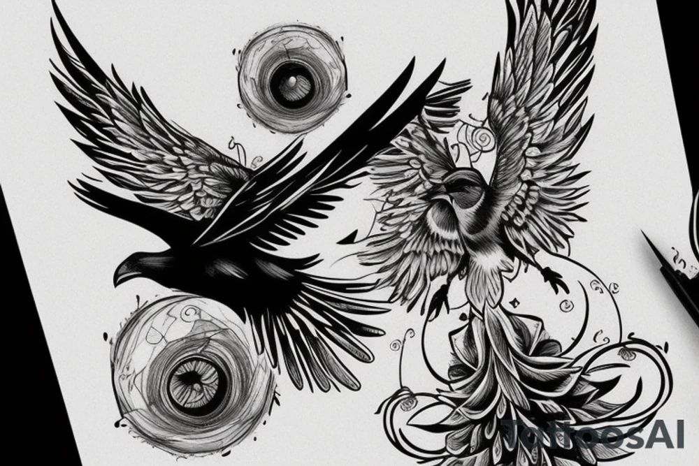 Flying crow with eyes on the wings sketch style tattoo tattoo idea