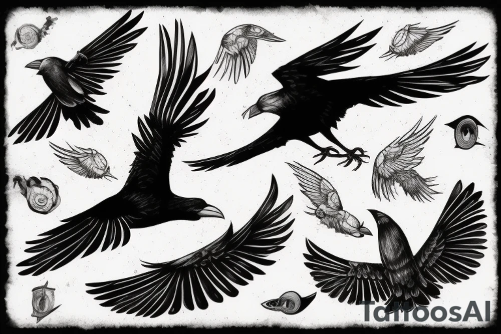 Flying crow with eyes on the wings sketch style tattoo tattoo idea