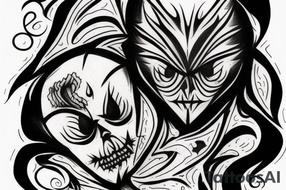 A tatto that shows a devil face being cracked in the middle by human hands tattoo idea
