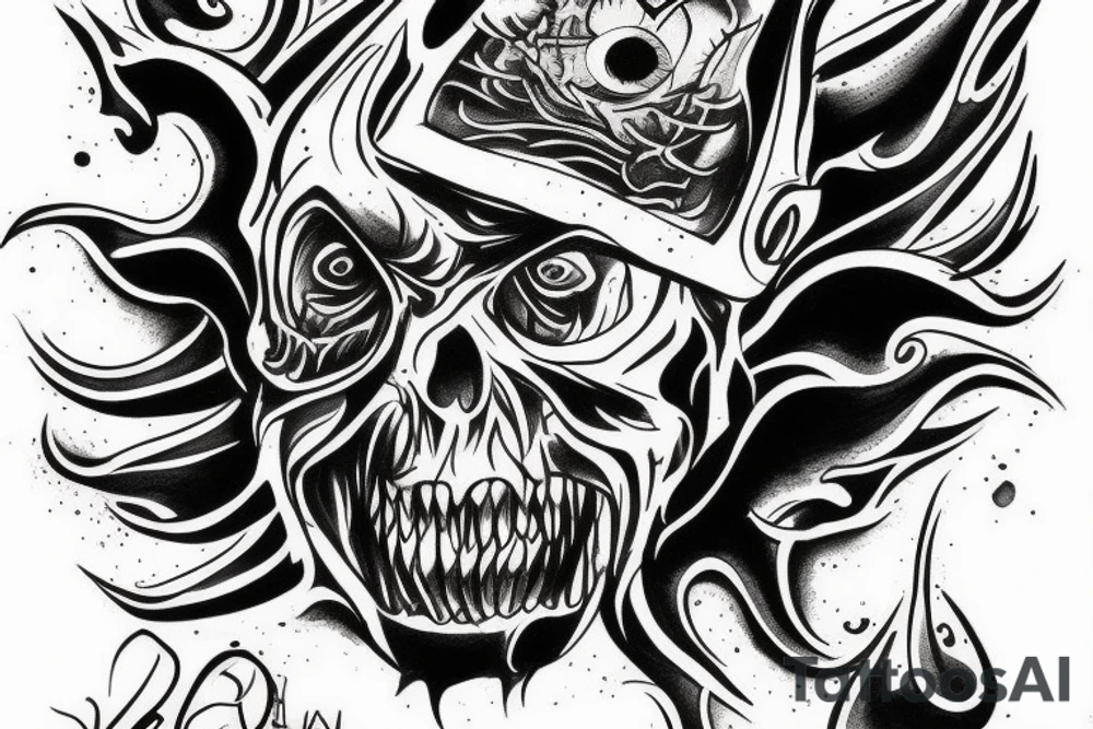 A tatto that shows a devil face being cracked in the middle by human hands tattoo idea
