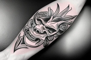 A tatto that shows a devil face being cracked in the middle by human hands tattoo idea