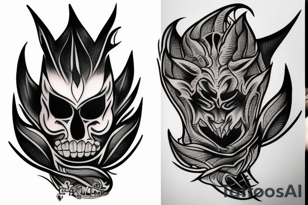 A tatto that shows a devil face being cracked in the middle by human hands tattoo idea