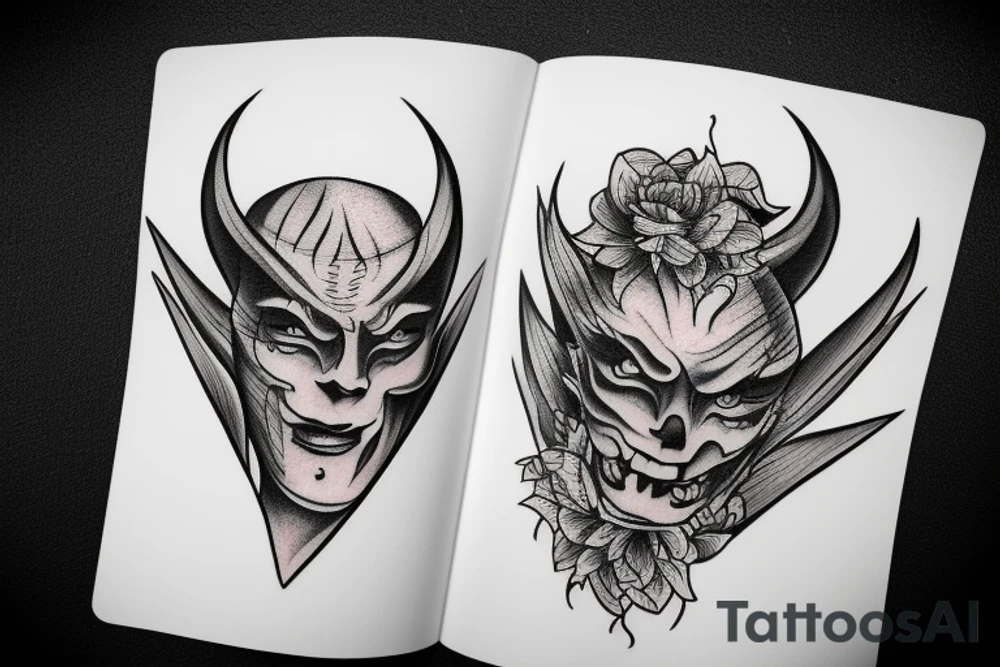 A tatto that shows a devil face being cracked in the middle by human hands tattoo idea