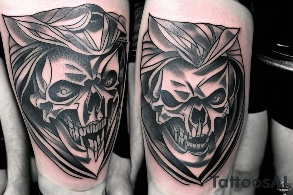A tatto in the arm that shows a devil face being cracked in the middle by human hands tattoo idea