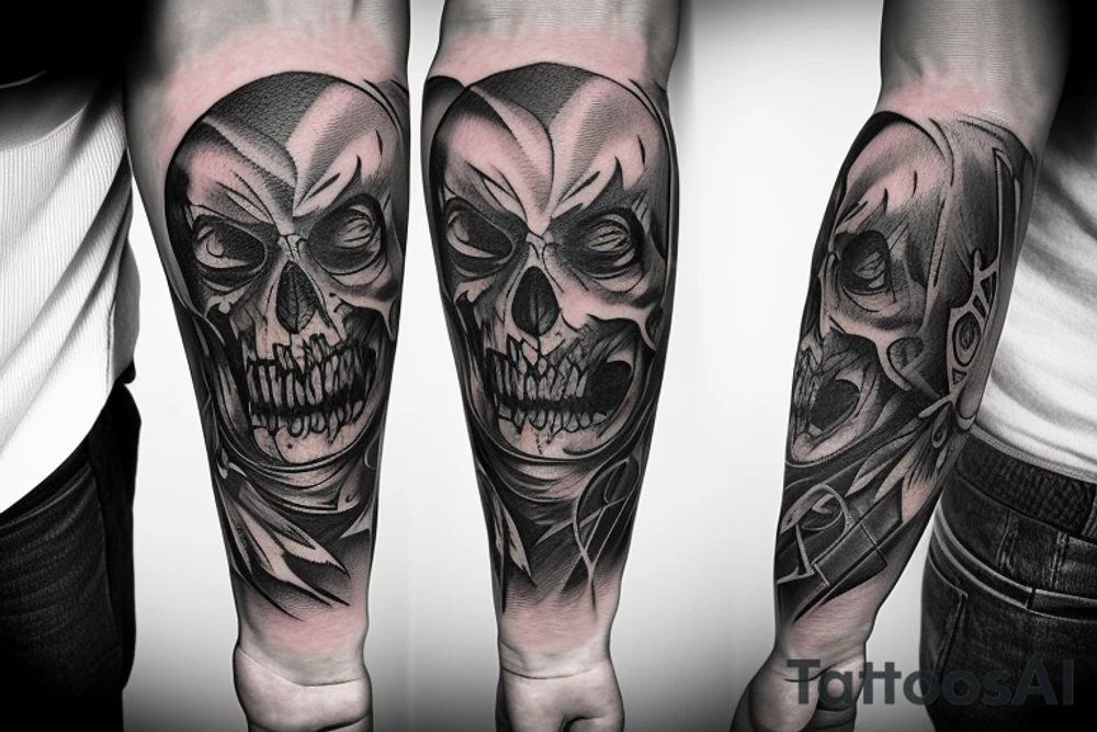 A tatto in the arm that shows a devil face being cracked in the middle by human hands tattoo idea