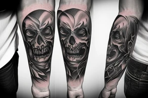 A tatto in the arm that shows a devil face being cracked in the middle by human hands tattoo idea