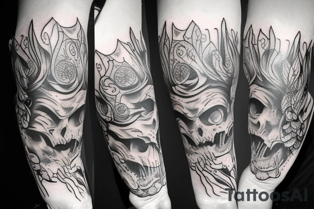 A tatto in the arm that shows a devil face being cracked in the middle by human hands tattoo idea