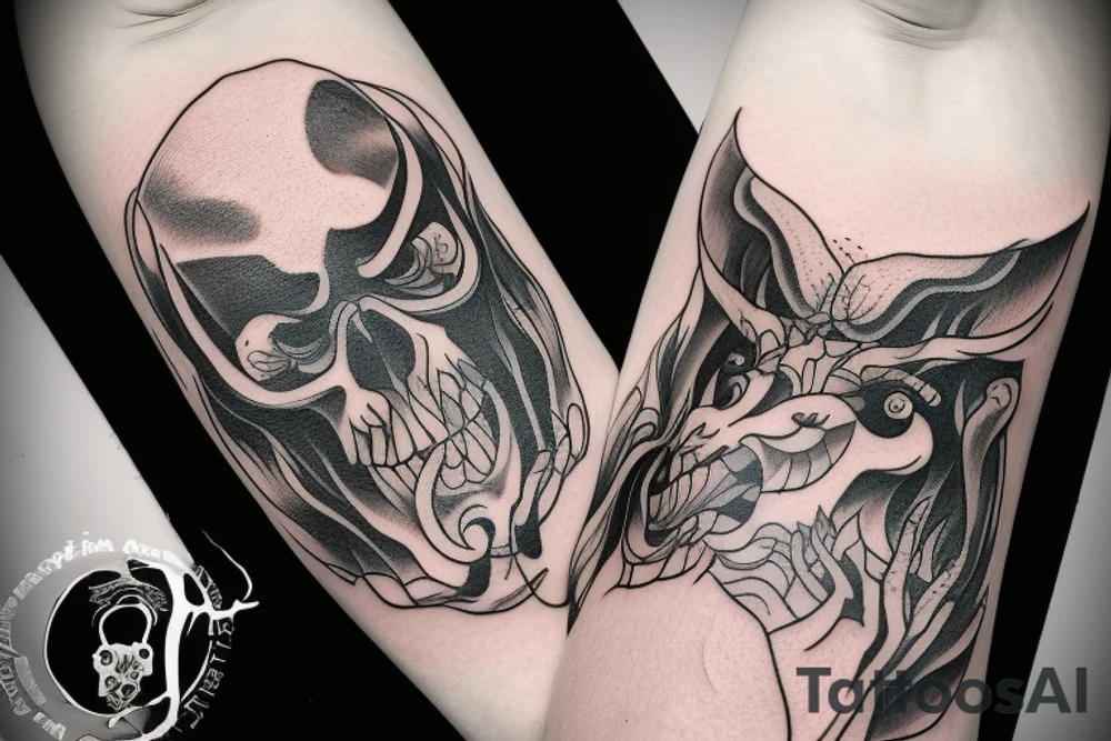 A tatto in the arm that shows a devil face being cracked in the middle by human hands tattoo idea