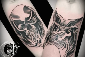 A tatto in the arm that shows a devil face being cracked in the middle by human hands tattoo idea