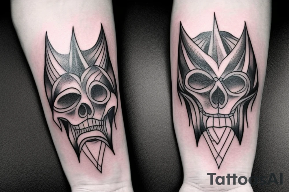 A tatto in the arm that shows a devil face being cracked in the middle by human hands tattoo idea