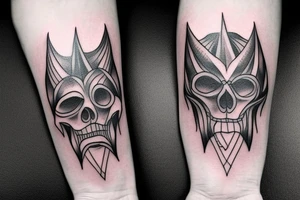 A tatto in the arm that shows a devil face being cracked in the middle by human hands tattoo idea
