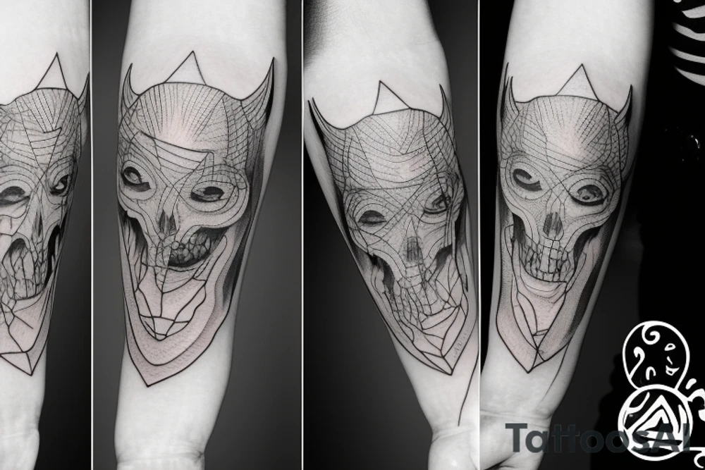 A tatto in the arm that shows a devil face being cracked in the middle by human hands tattoo idea