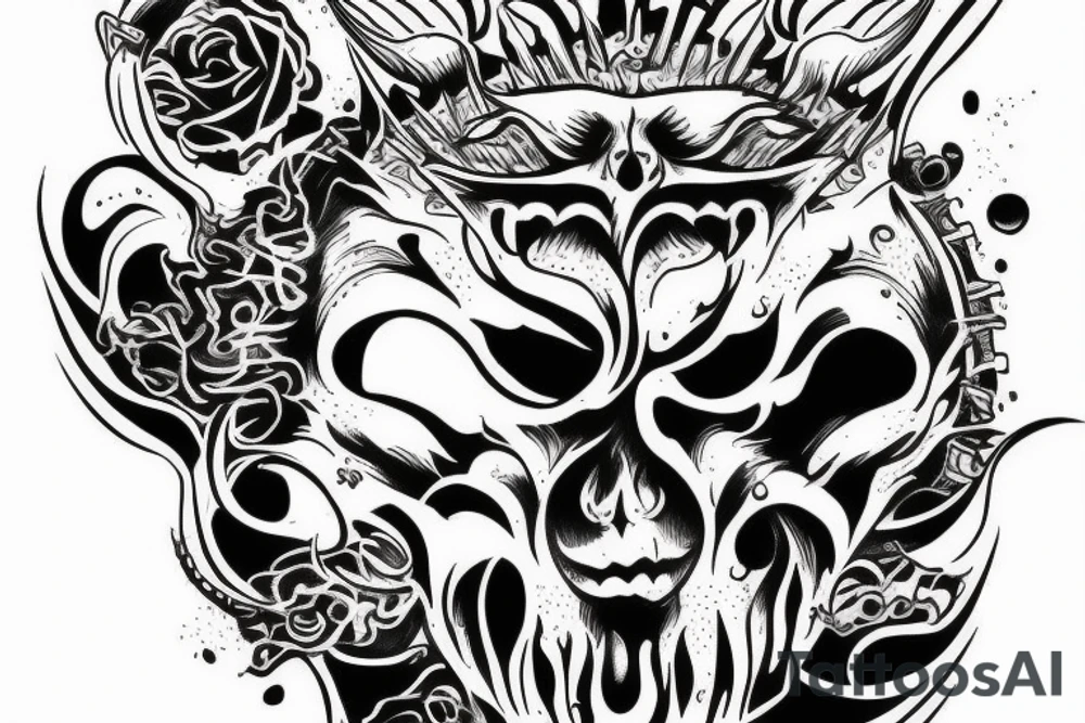 A tatto in the arm that shows a devil face being cracked in the middle by human hands tattoo idea