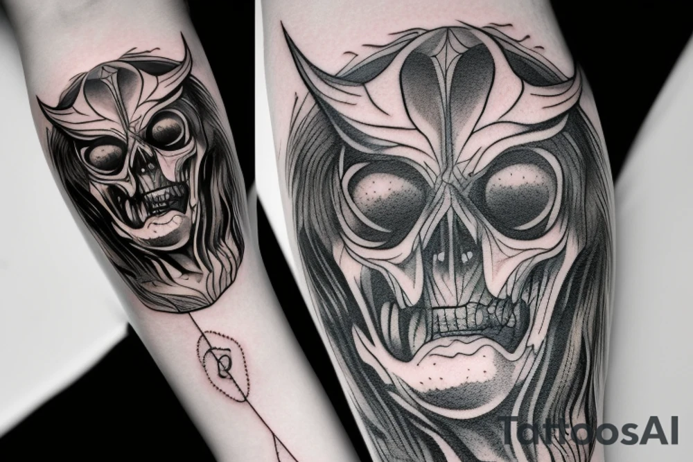 A tatto in the arm that shows a devil face being cracked in the middle by human hands tattoo idea