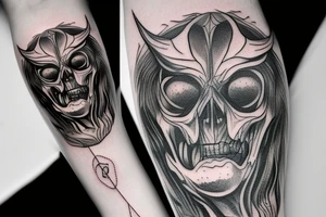A tatto in the arm that shows a devil face being cracked in the middle by human hands tattoo idea