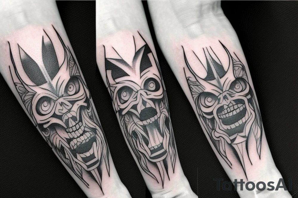 A tatto in the arm that shows a devil face being cracked in the middle by human hands tattoo idea