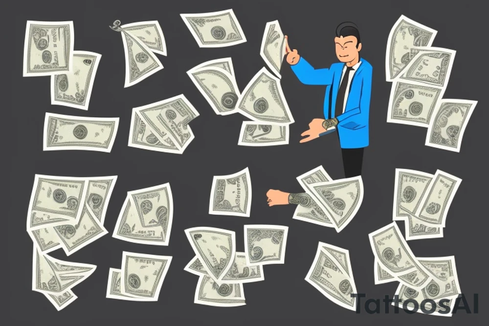 Business man flaunting money standing next to a man sitting at a computer screen with stacks of cash behind him tattoo idea