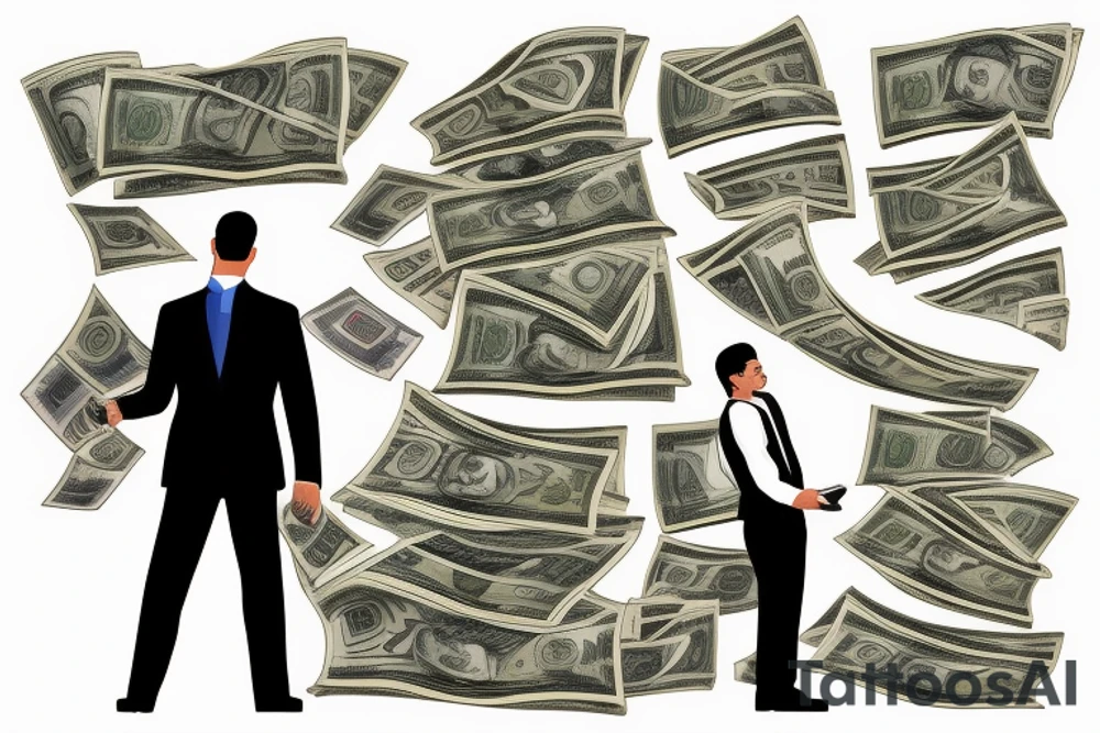 Business man flaunting money standing next to a man sitting at a computer screen with stacks of cash behind him tattoo idea