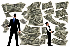 Business man flaunting money standing next to a man sitting at a computer screen with stacks of cash behind him tattoo idea