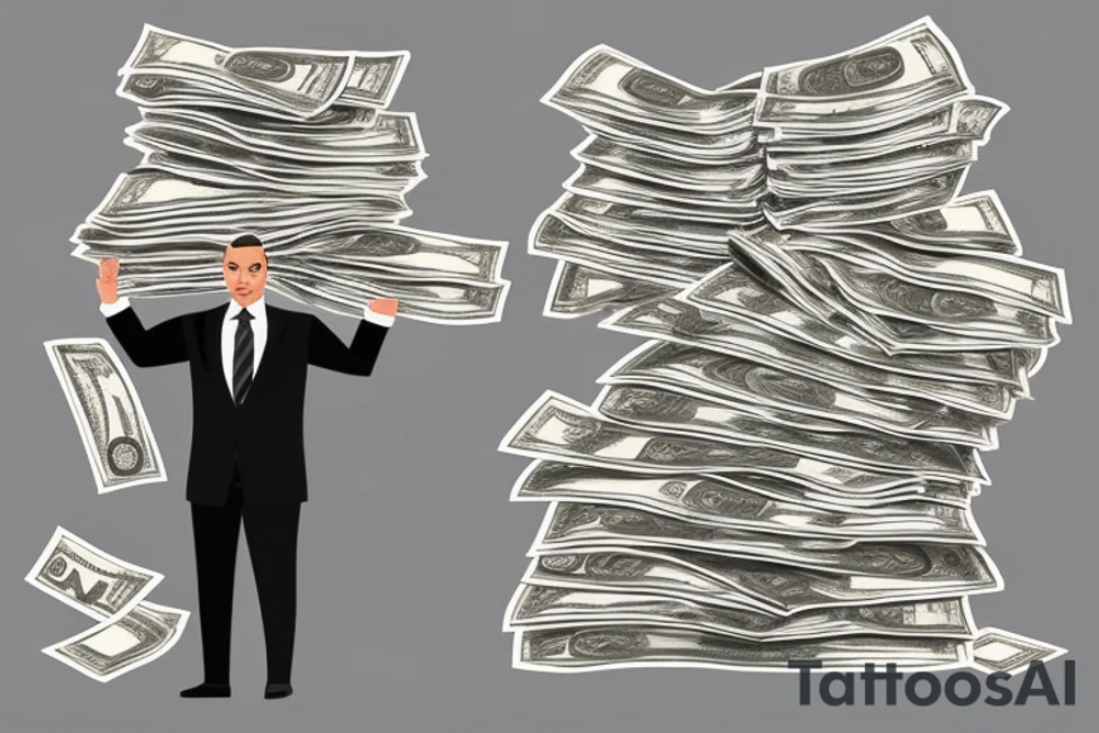 Business man flaunting money standing next to a man sitting at a computer screen with stacks of cash behind him tattoo idea