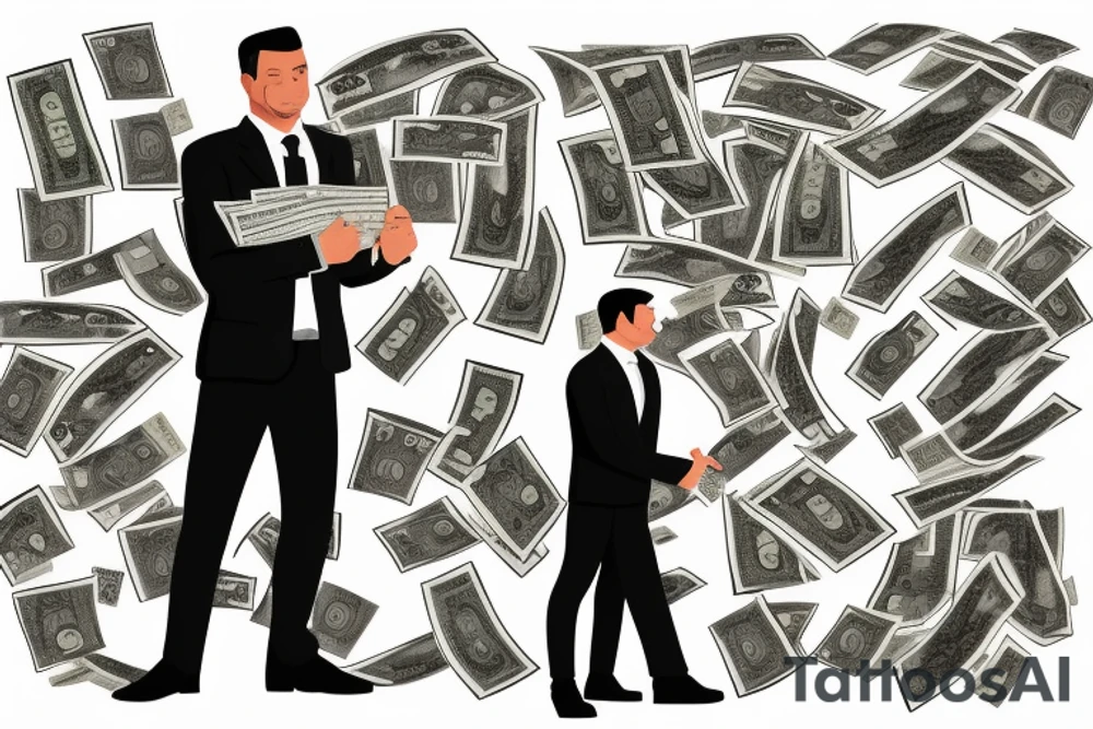 Business man flaunting money standing next to a man sitting at a computer screen with stacks of cash behind him tattoo idea