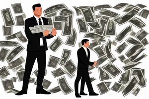 Business man flaunting money standing next to a man sitting at a computer screen with stacks of cash behind him tattoo idea