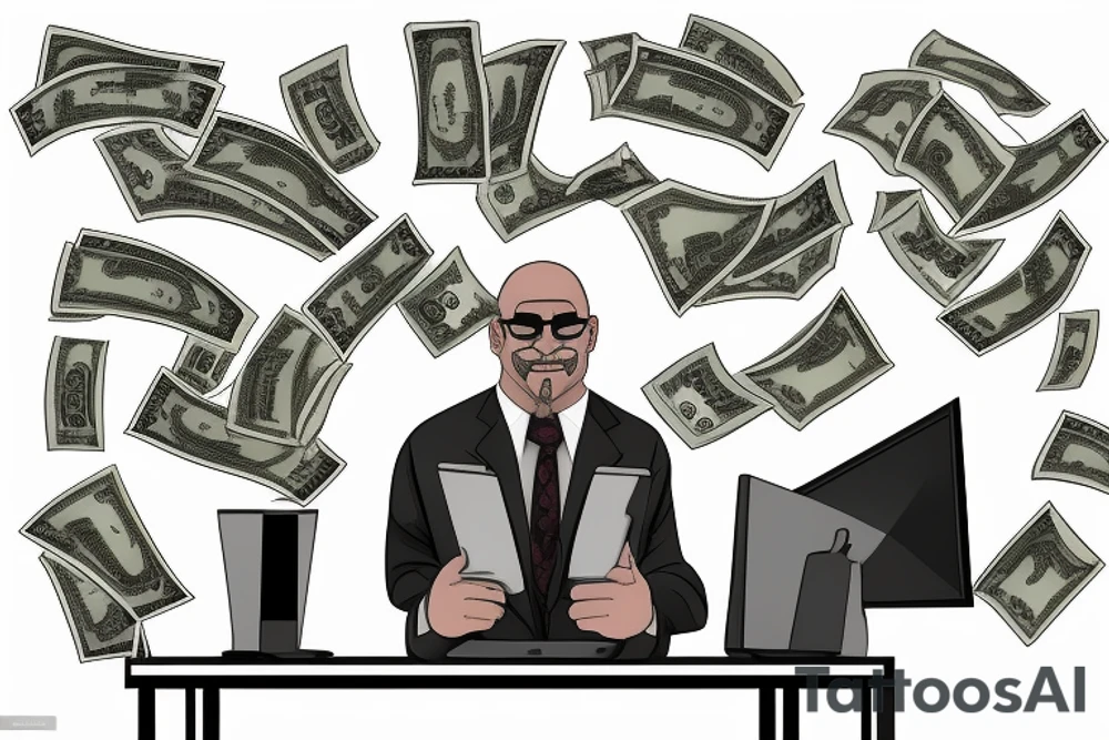 Business man flaunting money standing next to a man sitting at a computer screen with stacks of cash behind him tattoo idea