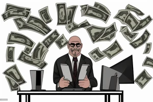 Business man flaunting money standing next to a man sitting at a computer screen with stacks of cash behind him tattoo idea
